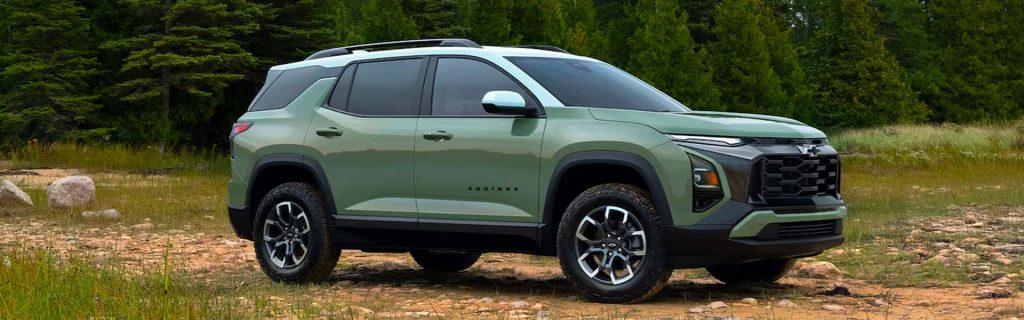 Green 2026 Chevrolet Equinox SUV shown on a natural trail, showcasing modern style, interior comfort, and versatile capability for everyday driving.