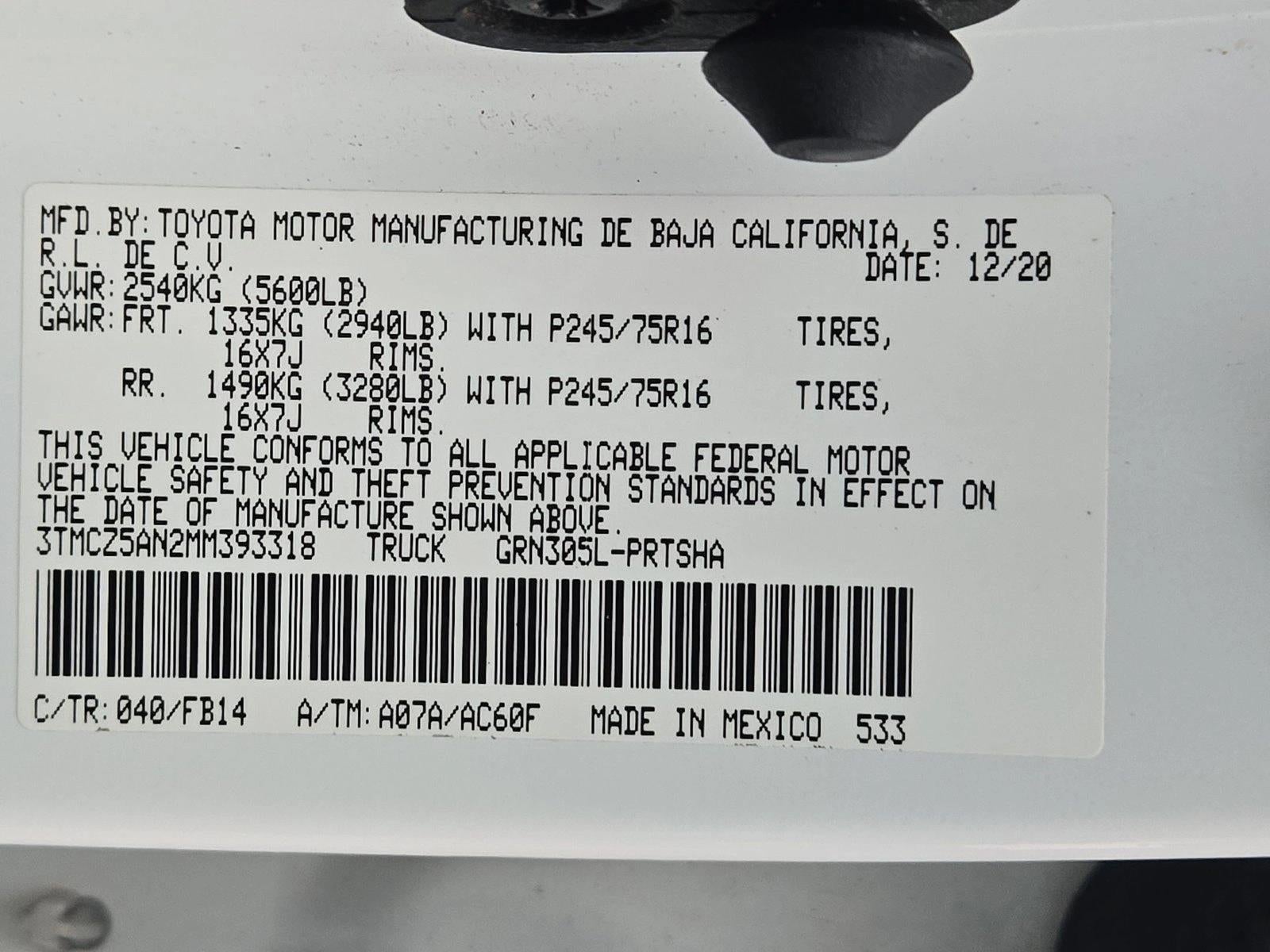 2021 Toyota Tacoma 4WD 4WD SR Double Cab 5' Bed V6 AT (Natl)